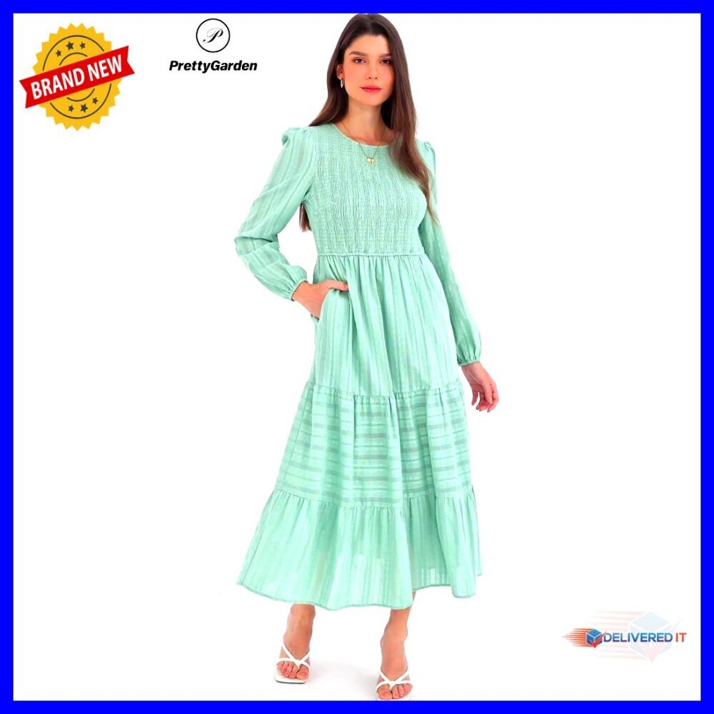 Long Sleeve Smocked Maxi Dress with Pockets, High Waist Tiered Flowy - Picture 7 of 7